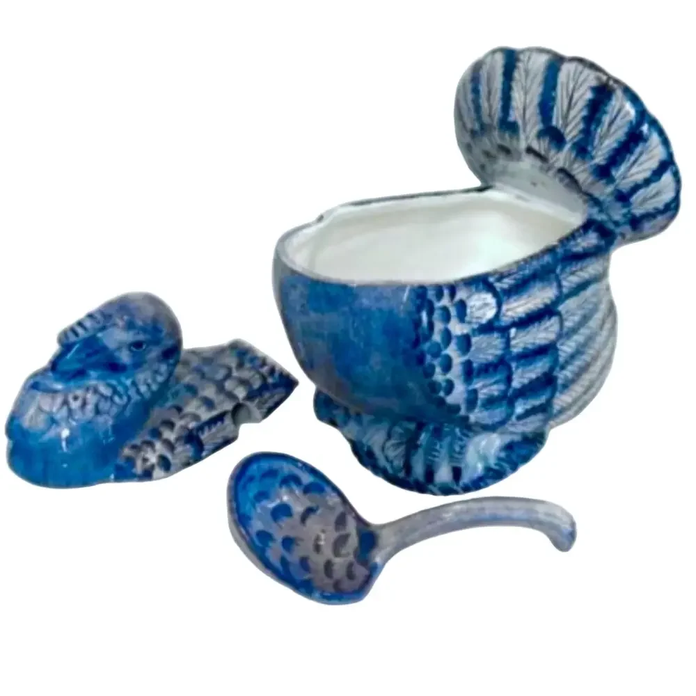 ITALY TUREEN TURKEY Blue With Ladle Gravy Boat Holidays Computer EUC Condition